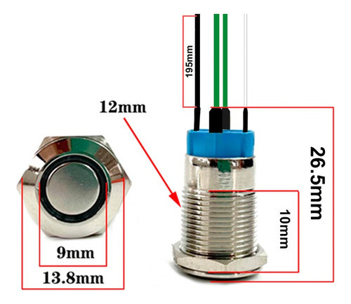 Pulsador Metalico Led Verde 12mm Con Retencion - Cara Plana 1