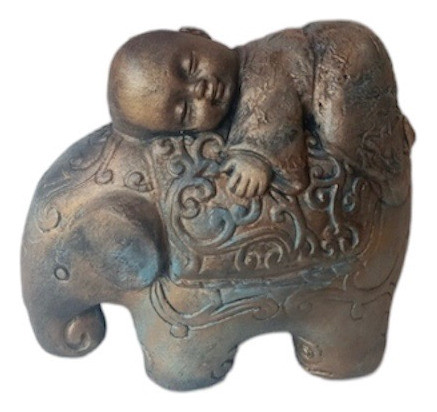 Elefante Con Bebé Buda En Óxido Añejado (yeso) 0