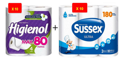 Papel Higienol X10 + Rollo De Cocina Sussex X10 - Combo 1
