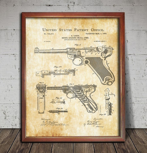 Patente Retro Pistola Luger Poster Enmarcado Para Colgar 0