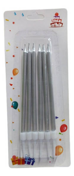 Velas Finitas Perladas Con Portavela 13 Cm X6 Plateado 0