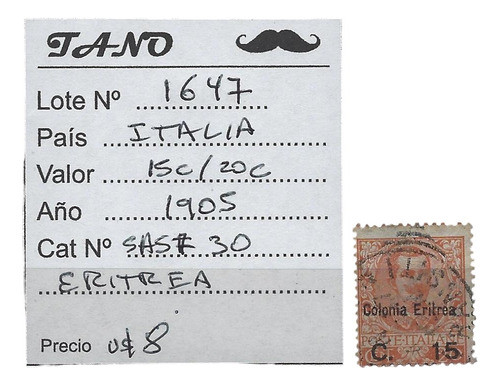 Lote1647 Italia 15c/20 Centesimi Año 1905 Sas# 30 Eritrea 0