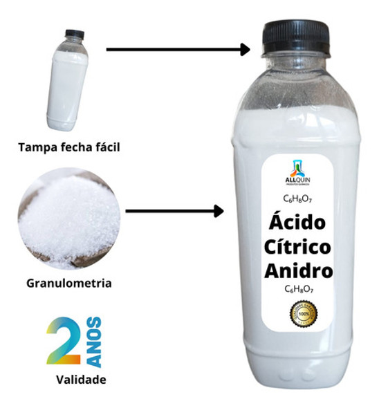 Ácido Cítrico Anidro 1kg 100% Puro Alimentício - Garrafa 1