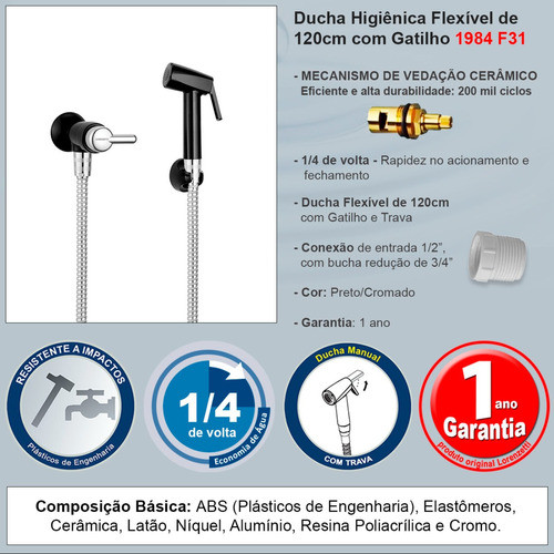 Kit De Banheiro 5 Pçs + Ducha Higiênica Preto Cromado Fortti 1