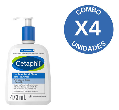 Combo X4 Cetaphil Limpiador Facial Para Piel Grasa 473ml 1