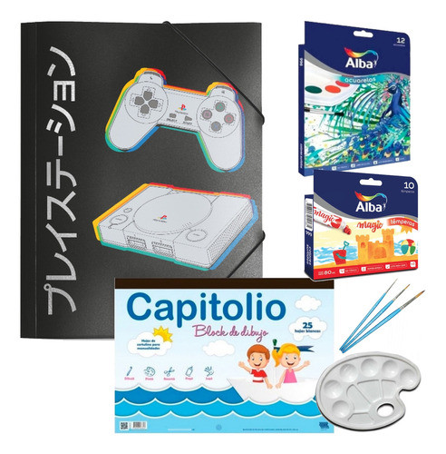 Kit Dibujo 51 Art. Playstation Temperas Acuarelas Pincel 0