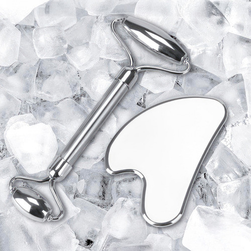 Set Anti-age Para Masaje Facial Rodillo Y Gua Sha Metálico 1