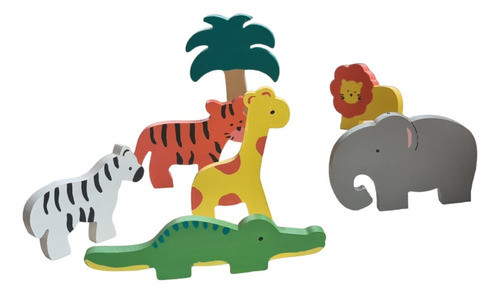 Set X 6 Animales De Selva De Madera Pintados Divinos 0