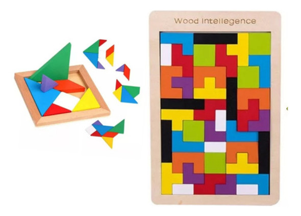 Tangram 7 Piezas Madera + Tetris De Madera 40 Piezas 0
