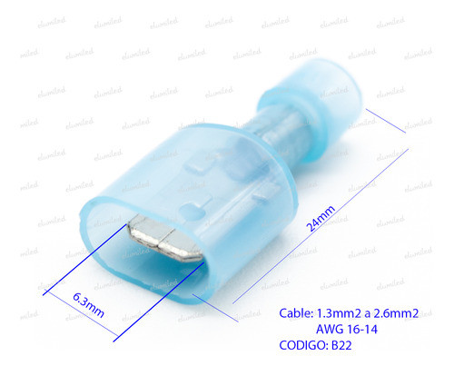 50 Terminales Preaislado Pala Macho 6.3 Azul B22 1.3-2.6mm2 1