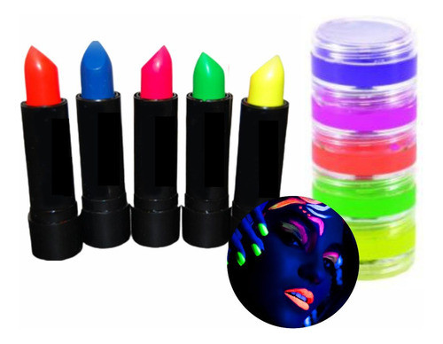 5 Tinta Facial + 5 Batom Neon Brilha Maquiagem Fluorescente 0