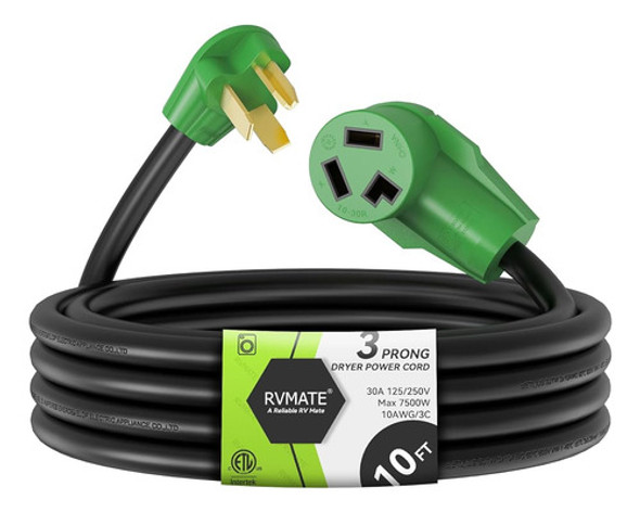 Rvmate Secadora De 3 Clavijas / Cable De Extensión Ev De 10 0