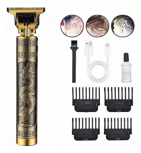 Trimmer Vintage T9 Corta Barba Recargable Usb 4 Peines Color Dorado Dragon 0