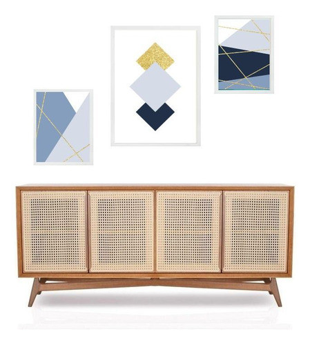 Set 3 Quadros Geométricos Azul E Dourado 1