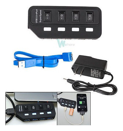 Usb 3.0 Hub De 4 Puerto Encendido Interruptores + Adaptador 1