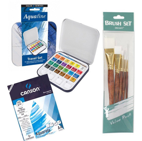 Kit Aquarela Pastilha 24 Cores + Bloco Canson + 5 Pinceis 0
