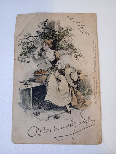 Tarjeta Postal Antigua. Artistica Grabado Mujer Con Frutas 0