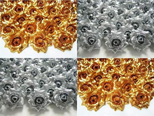 Flor De Seda Cabeza De Flor De Rosas Doradas Y Plateadas 50u 0