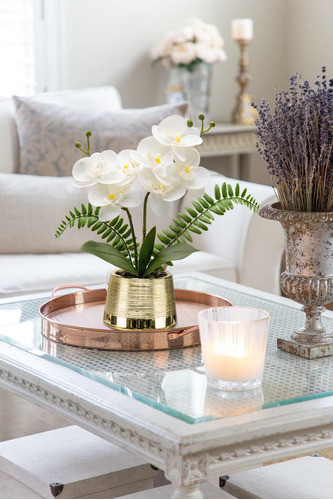 Orquídeas Blancas, Flores Artificiales Maceta Dorada, Centro 1