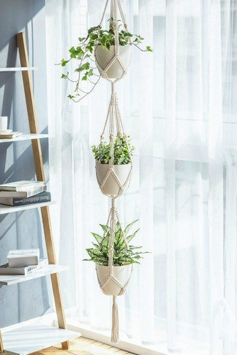 Porta Macetas Colgantes Macramé Triple Plantas Deco Hogar 1