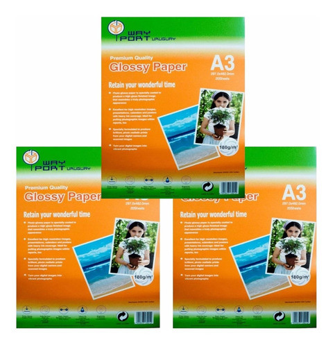 Papel Fotografico Brillo A3,180grs.3 Aquetes,20 Hojas C/u. 0