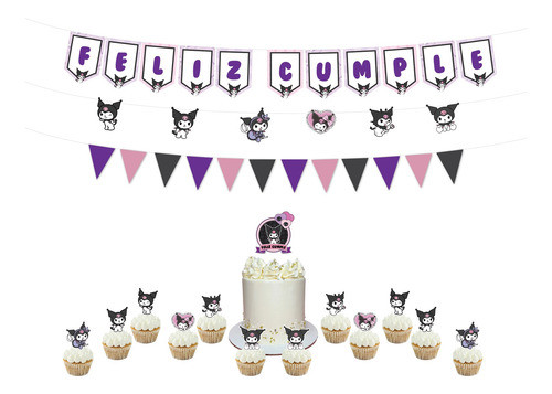 Set Cumple Banderin Topper Torta Cupcake Kuromi 0