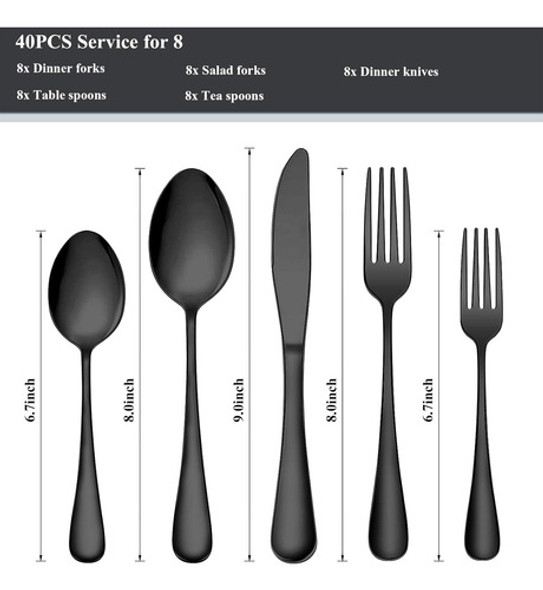 Juego Cubiertos Acero Inoxidable 40pzas Para8 Negro Espejado 1