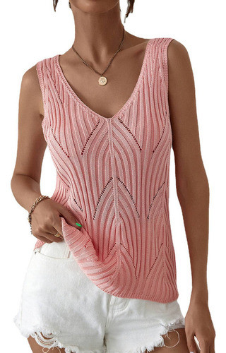 Camiseta Regata Feminina Tricotada De Verão Com Decote Em V, 0