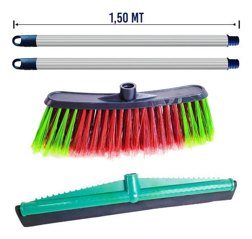 Kit 2 Cabos De Vassoura De Alumínio 1,50 M + Vassoura + Rodo 1