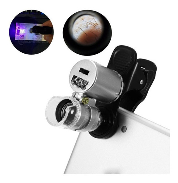 Mini Microscópio Lupa Zoom 60x Led Uv P/ Celular Smartphone 0