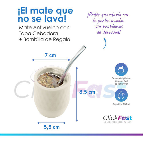 Set Mate Blanco Antiderrame + Bombilla + Termo Bala Negro 1l 1