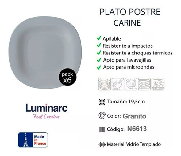 Set 6 Platos Postre Luminarc Carine Granito Vidrio Templado 1