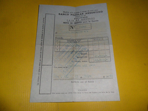 Antiguo Documento Banco Popular Argentino Caja Ahorro  1966 0