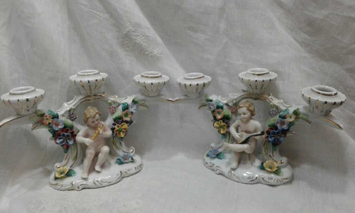 Candelabros Porcelana Viejo Viena Con Querubines Músicos 0
