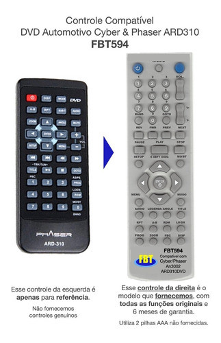 Controle Compatível Dvd Automotivo Cyber & Phaser Fbt594 0