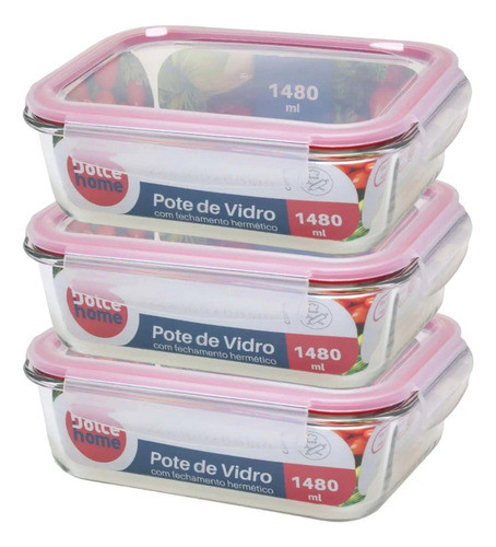 3potes De Vidro C/tampa Trava Hermético Grande Marmita1480ml 0