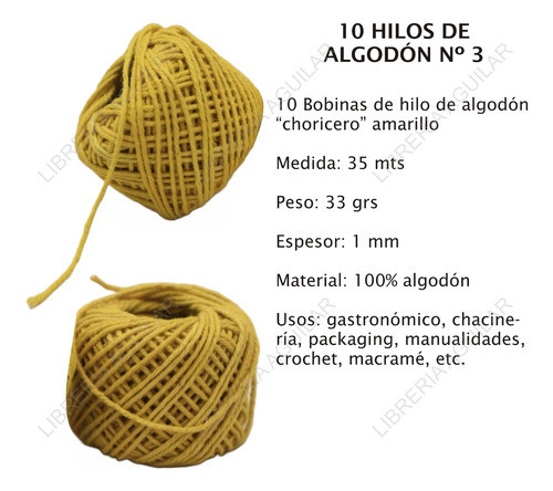 10 Hilo 100% Algodon Choricero 35mts Amarillo 33grs Artesani 1