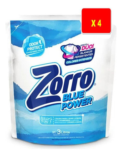 Jabón Liquido Para La Ropa Zorro Blue Power 3 Litros X 4 Un 0