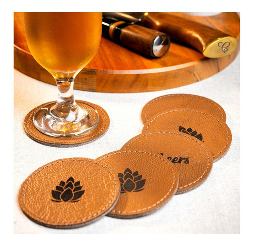 Bolacha Porta Copo Descanso Mesa Em Couro Kit Com 6 Pçs 0