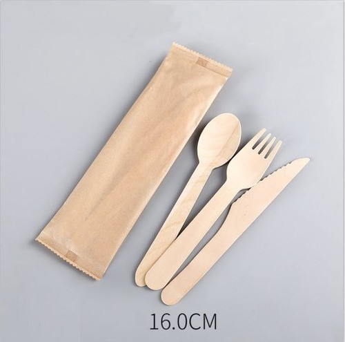 50 Garfo Faca Colher Madeira Descartável Biodegradável 16 Cm 1