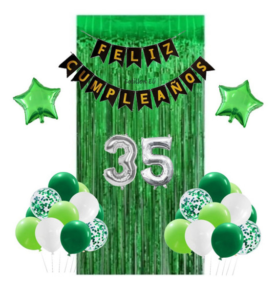 Combo Globos Cumpleaños Verde Deco Cortina Numeros 0