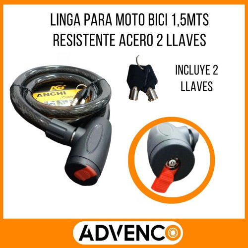 Linga Para Moto Bici 1,5mts Resistente Acero  2 Llaves 1