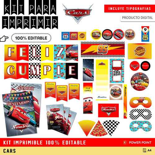 Kit Imprimible Cumple + Candy Editable - Cars 1