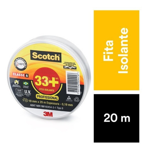 Fita Isolante Scotch 3m 33+ Suporta 105°c 19mm X 20metros 1