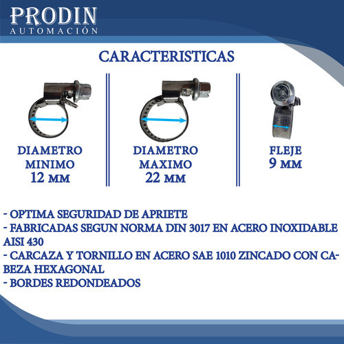 Abrazadera Acero Inoxidable 12 A 22mm Fleje 9mmx10u Tornillo 1