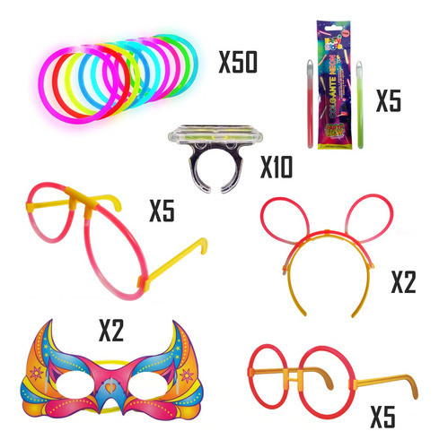 Combo Cotillon Carioca Tanda Neon Glow Quimico 79 Articulos 1