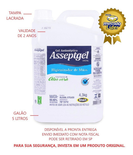 Álcool Gel 70% Asseptgel 4,3 Kg 5 Litros Com Nota Fiscal 1