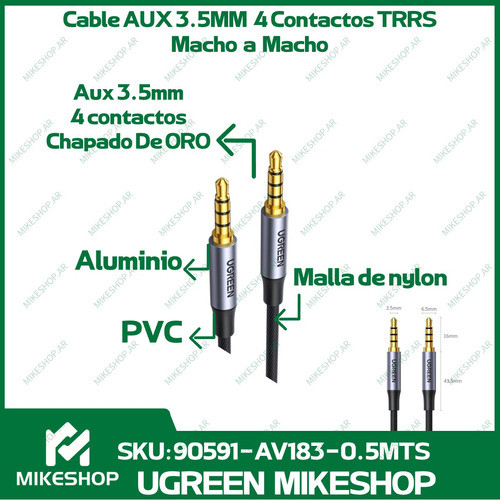 Cable Aux Jack 3.5mm 4 Polos M / M Compatible Microfono 50cm 1