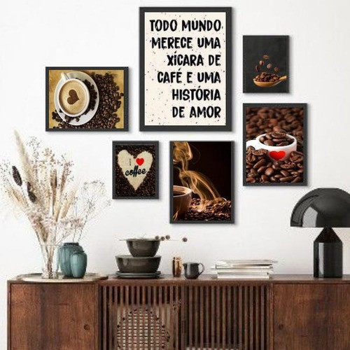 Composição 6 Quadros Decoratrivos Café- Amor - Com Vidro 0