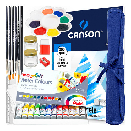 Super Kit Pintura Aquarela + Papel Canson + Pincéis E Mt + 0